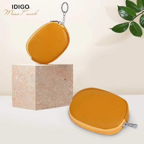 Ví móc khoá da bò oval IDIGO FW1-1003-00 hình ghép màu vàng