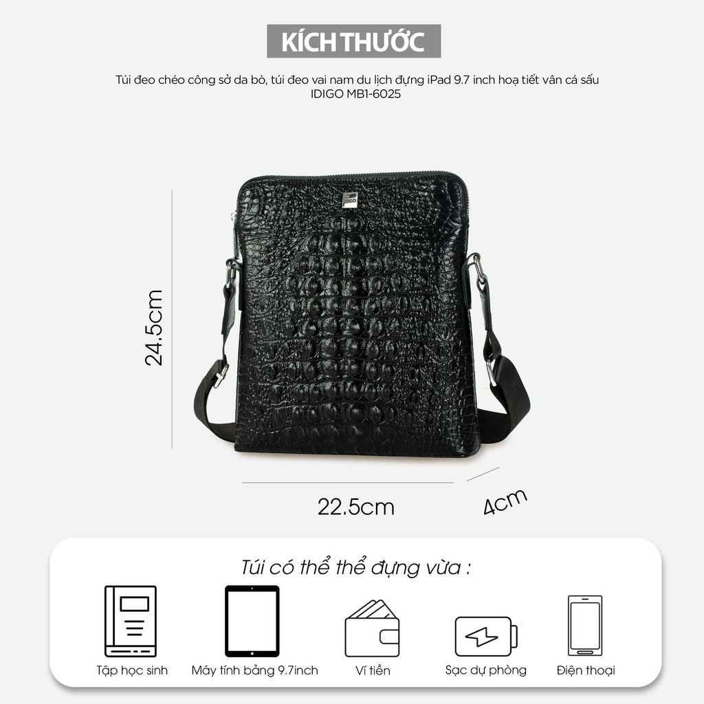 Túi xách công sở da thật cao cấp, túi đeo chéo nam đựng IPAD 9.7 inch họa tiết vân cá sấu nổi bật IDIGO MB1 - 6025