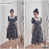  ĐẦM HOA CÚC ĐEN DÂY EO TAY CÀI NÚT - D1495 