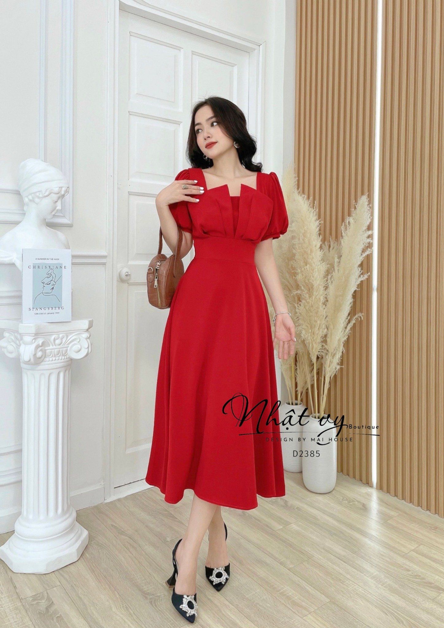  Váy Công Sở NHẬT VY Cổ Vuông Tay Phồng Chất Cotton Hàn Quốc Màu Kem, Đen, Đỏ - D2385 