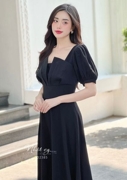  Váy Công Sở NHẬT VY Cổ Vuông Tay Phồng Chất Cotton Hàn Quốc Màu Kem, Đen, Đỏ - D2385 