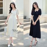  Váy Công Sở NHẬT VY Cổ Vuông Tay Phồng Chất Cotton Hàn Quốc Màu Kem, Đen, Đỏ - D2385 