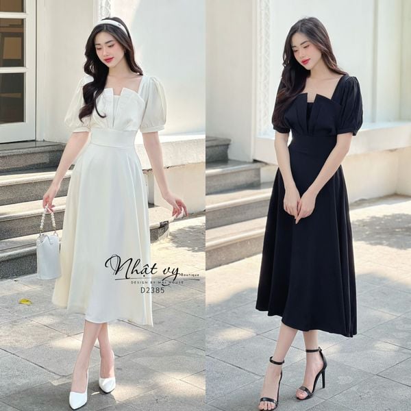  Váy Công Sở NHẬT VY Cổ Vuông Tay Phồng Chất Cotton Hàn Quốc Màu Kem, Đen, Đỏ - D2385 