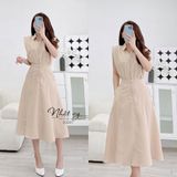 Set chân váy midi xếp ly dài qua gối lưng bo chun dáng dài mix áo croptop  nữ tay phồng ngắn cổ sơ mi nút gài