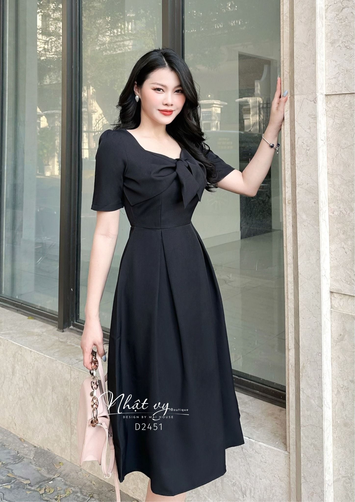  Đầm dáng xoè cổ vuông cách điệu thắt nơ ngực - D2451 