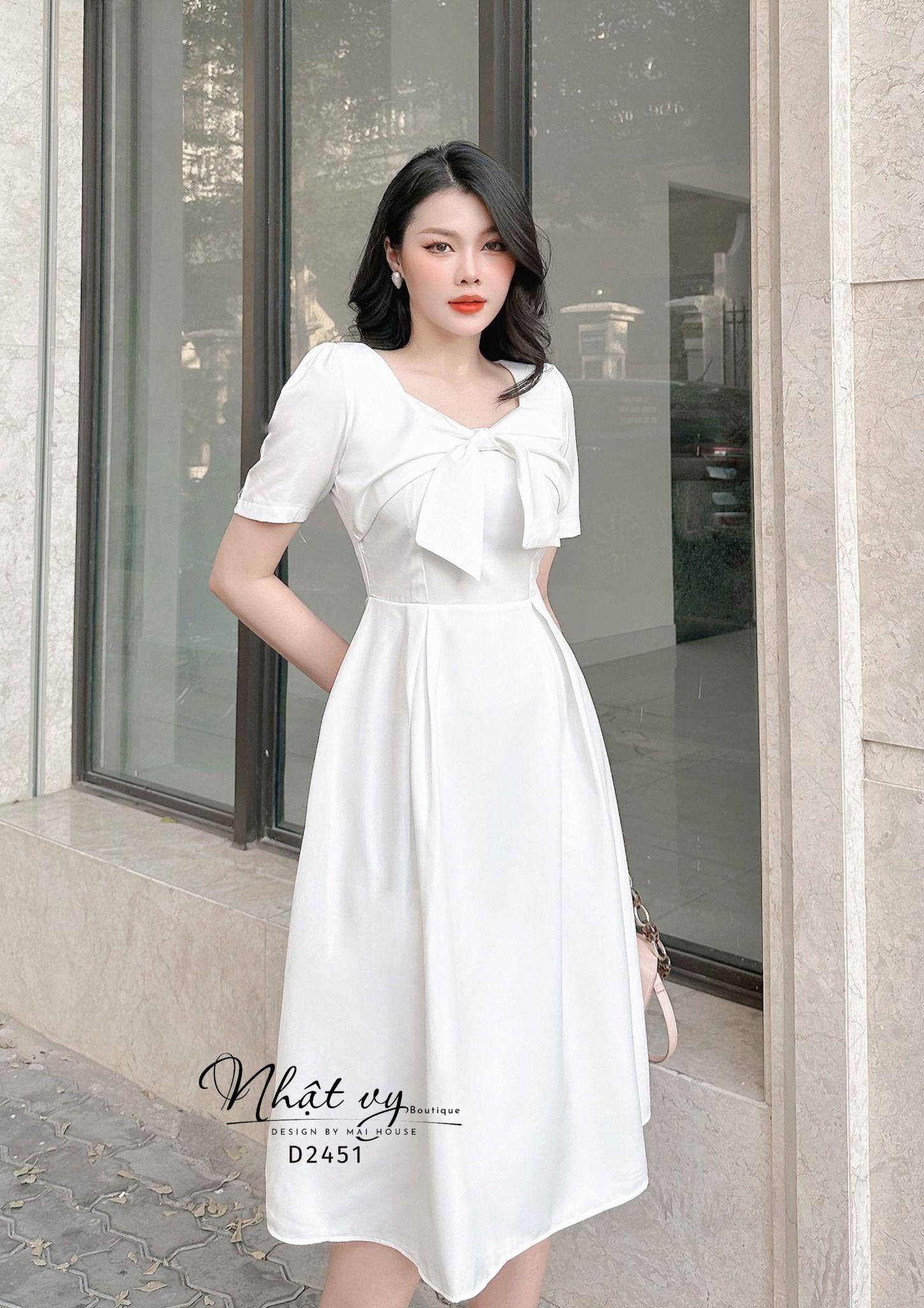  Đầm dáng xoè cổ vuông cách điệu thắt nơ ngực - D2451 