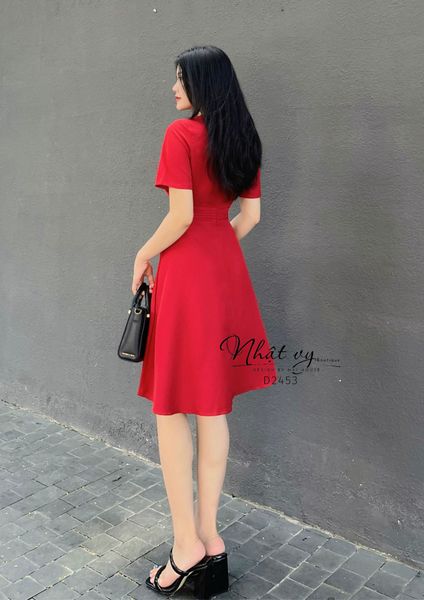  Đầm xếp ly eo cổ V form dáng xoè - D2453 