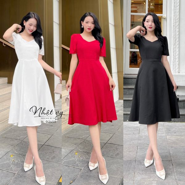  Đầm cổ tim cách điệu chiết ngực form dáng xoè - D2458 