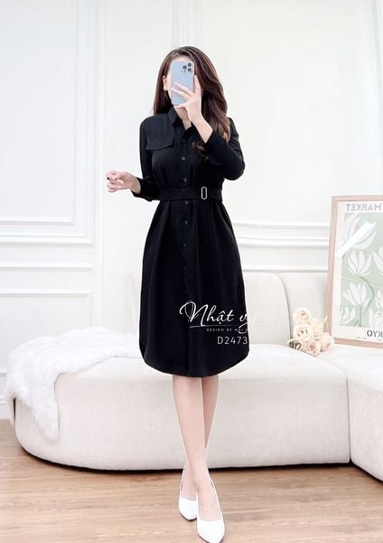  Đầm sơ mi tay dài túi giả nhún bên eo - D2473 