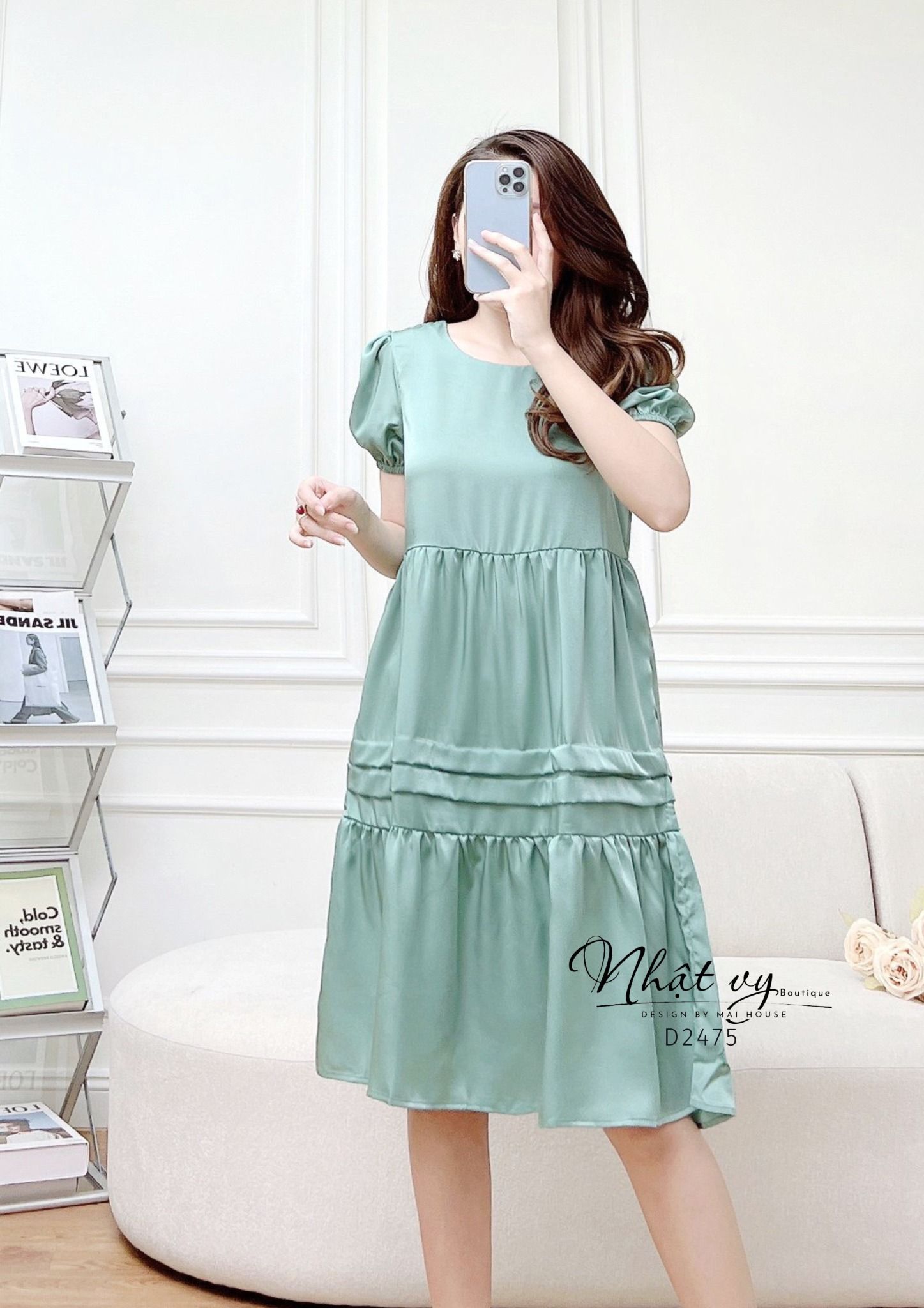  Đầm babydoll đuôi cá cổ tròn tay bo thun - D2475 