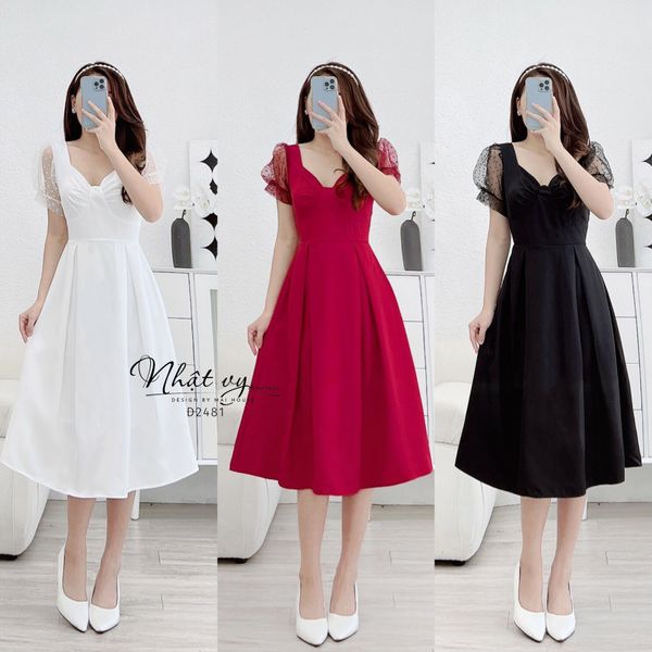  Đầm cổ cách điệu dáng nơ ngực phối tay ren - D2481 