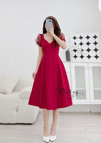  Đầm cổ cách điệu dáng nơ ngực phối tay ren - D2481 