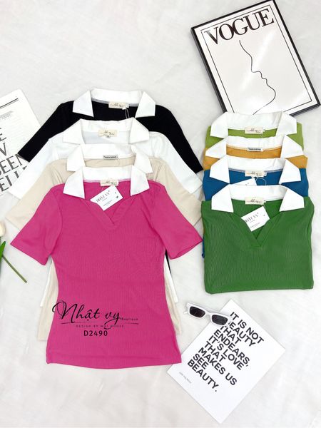  Áo dáng ôm cổ V phối trắng - D2490 