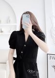  Đầm suông có eo cổ V kiểu sơ mi tay phồng nhẹ - D2492 