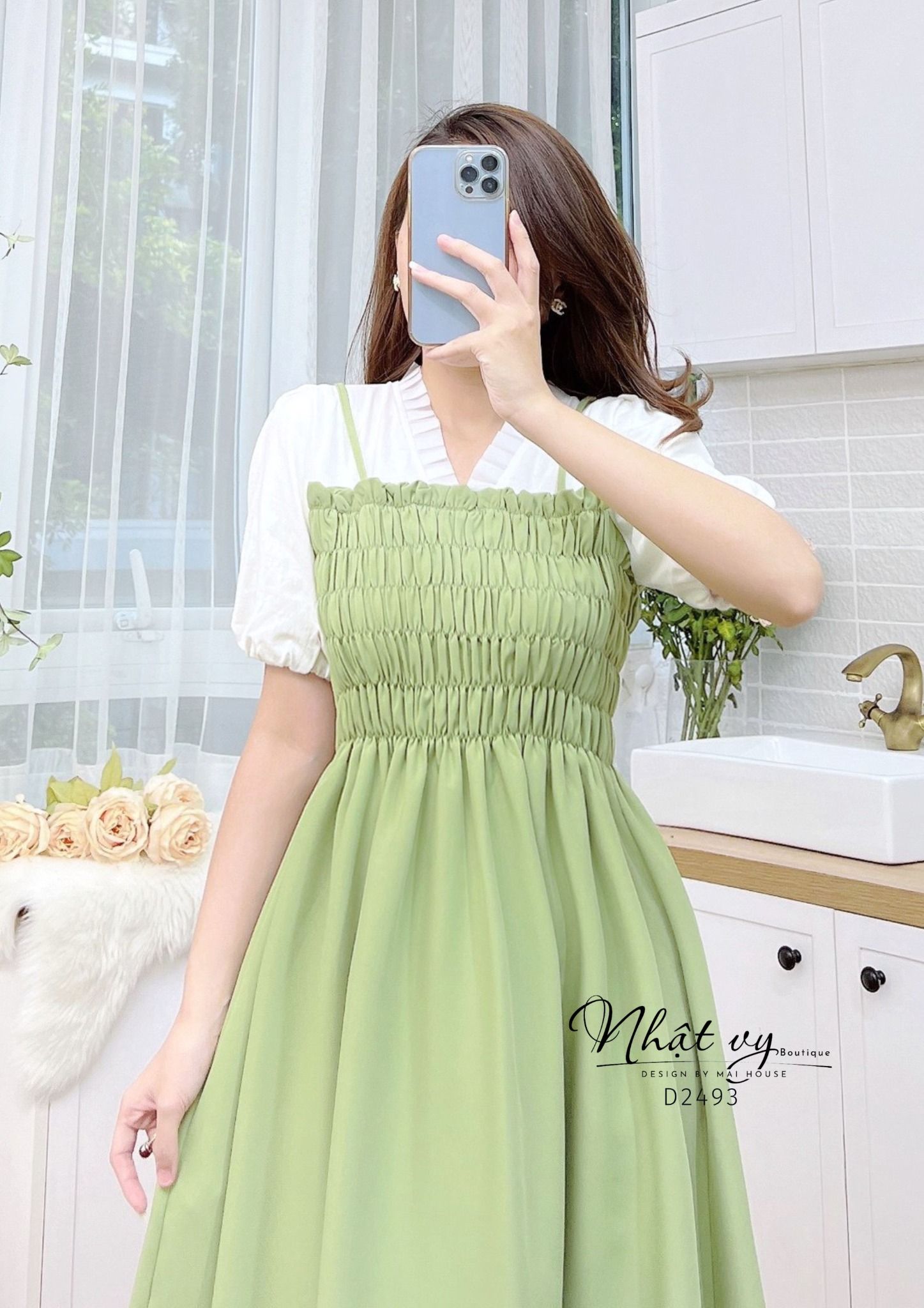  Đầm giả yếm cổ xếp ly bo thun ngực - D2493 