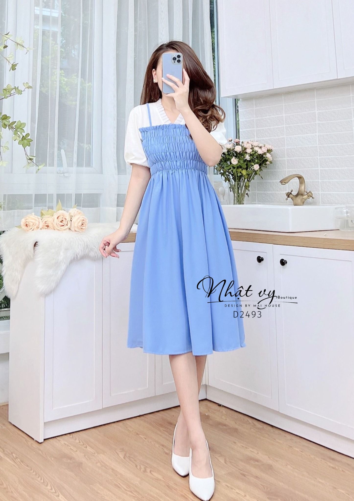  Đầm giả yếm cổ xếp ly bo thun ngực - D2493 