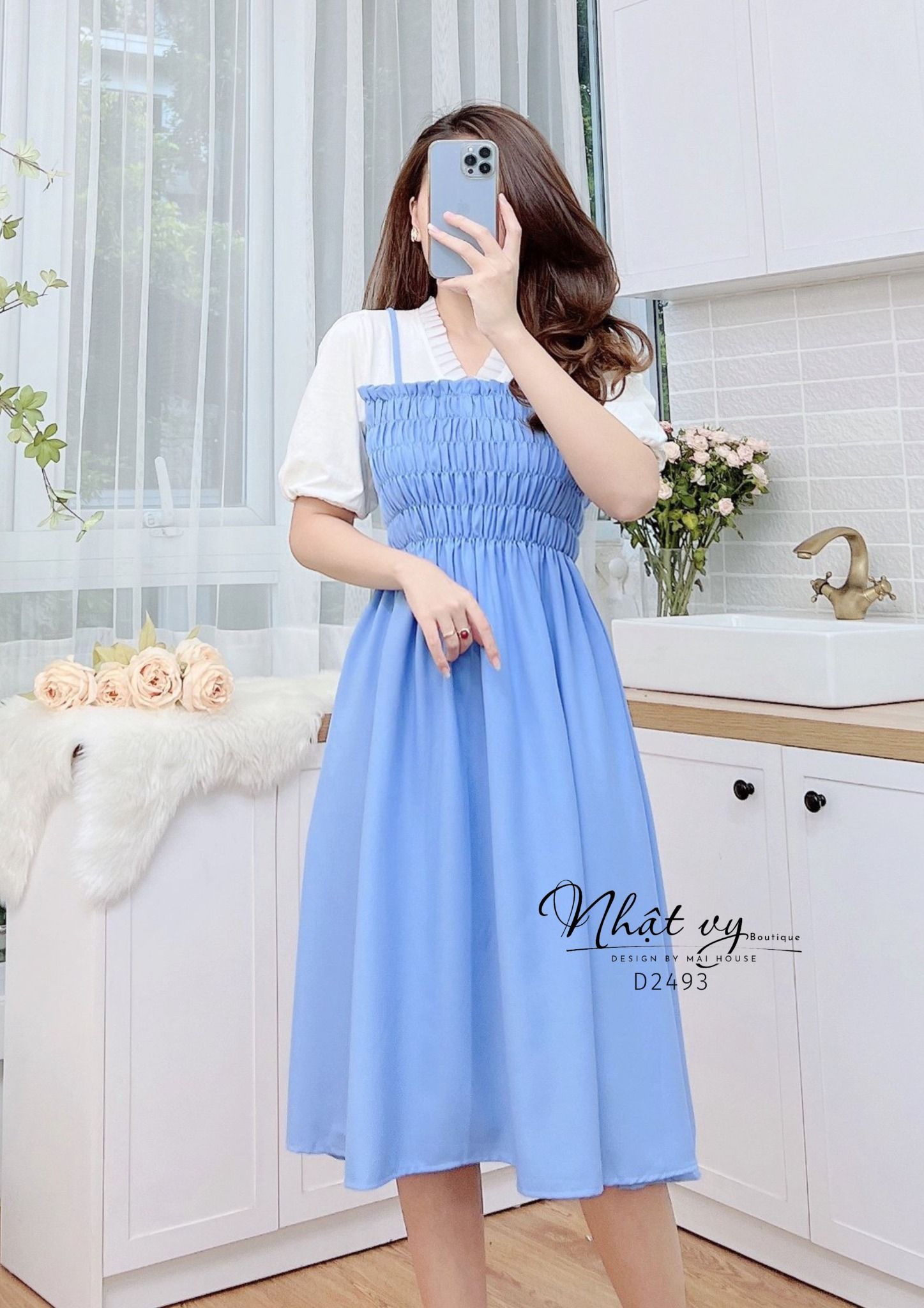  Đầm giả yếm cổ xếp ly bo thun ngực - D2493 