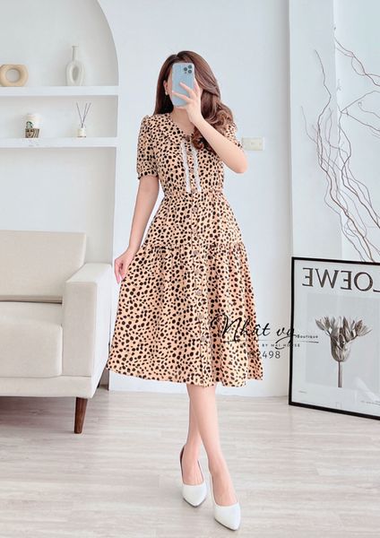  Đầm beo bo thun eo cúc thật phối ren - D2498 