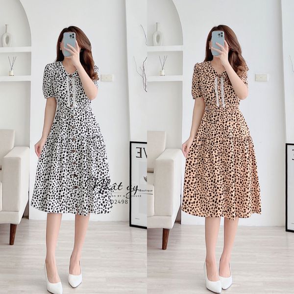  Đầm beo bo thun eo cúc thật phối ren - D2498 