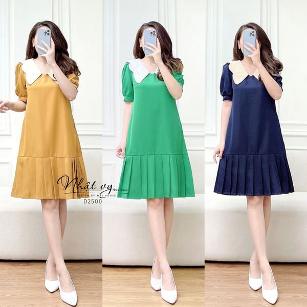  Đầm suông phối cổ bèo xếp ly gấu - D2500 