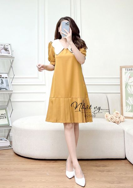  Đầm suông phối cổ bèo xếp ly gấu - D2500 