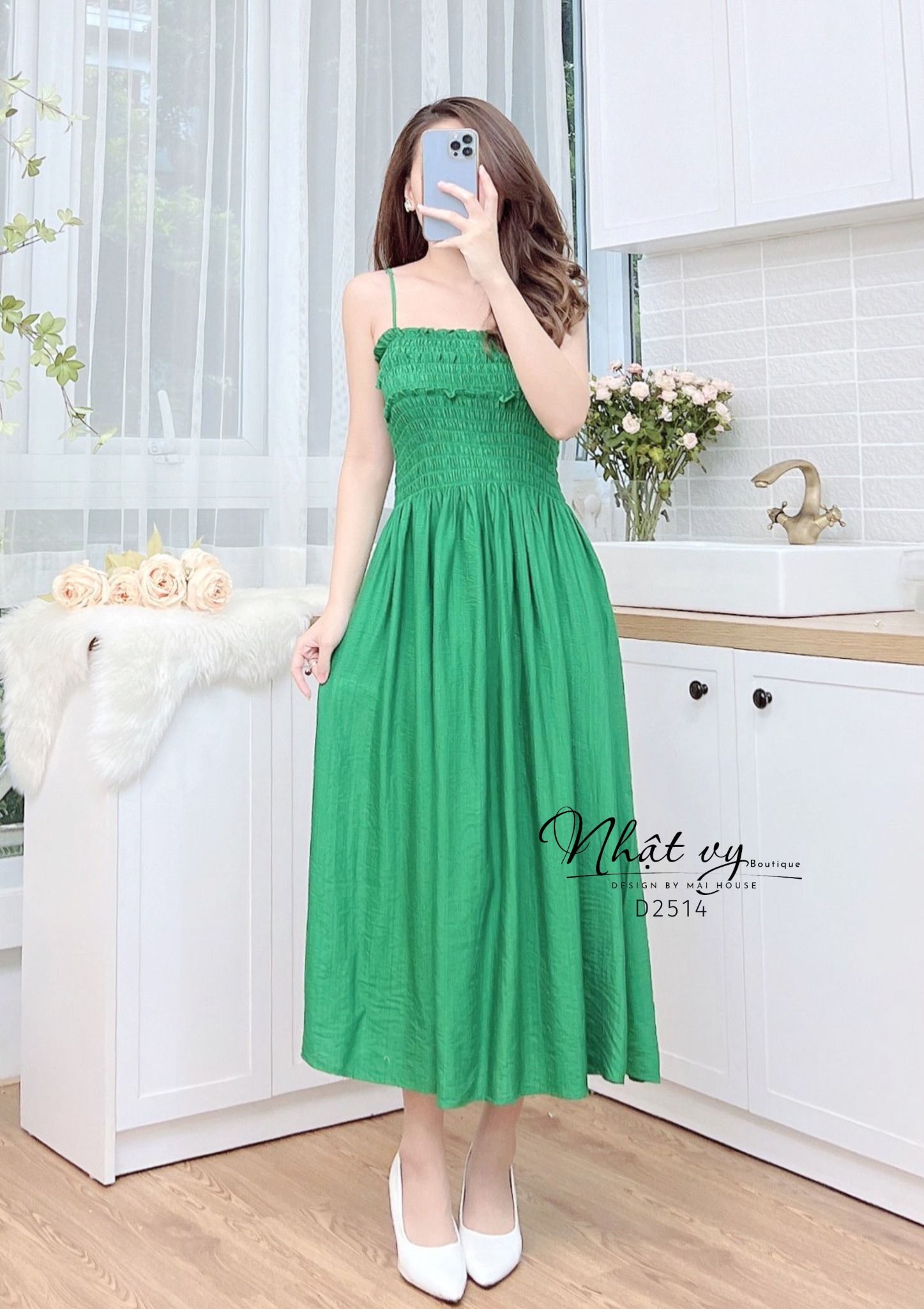  Đầm 2 dây nhún ngực dáng dài - D2514 