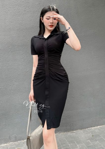  Đầm thun cổ sơ mi nhún cách điệu - D2516 