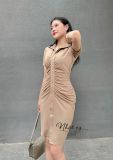  Đầm thun cổ sơ mi nhún cách điệu - D2516 