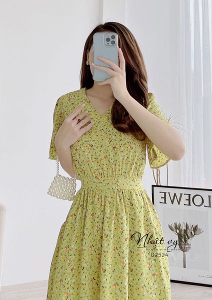  Đầm hoa cổ V nhún eo kiểu dây liền có túi - D2524 