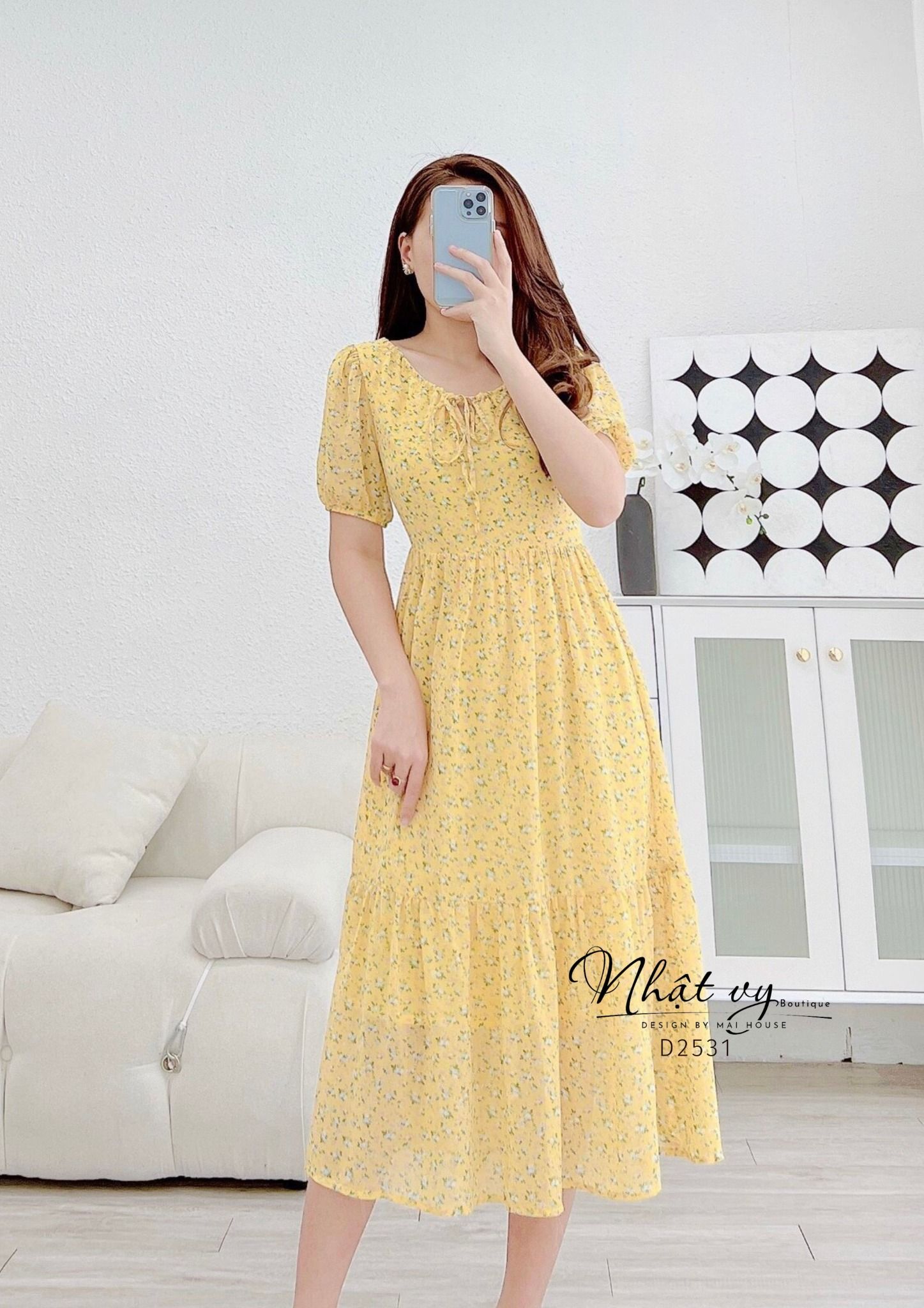  Đầm hoa babydoll đuôi cá thắt nơ cổ - D2531 