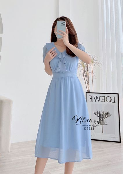  Đầm cổ tim phối bèo form dáng xoè - D2533 