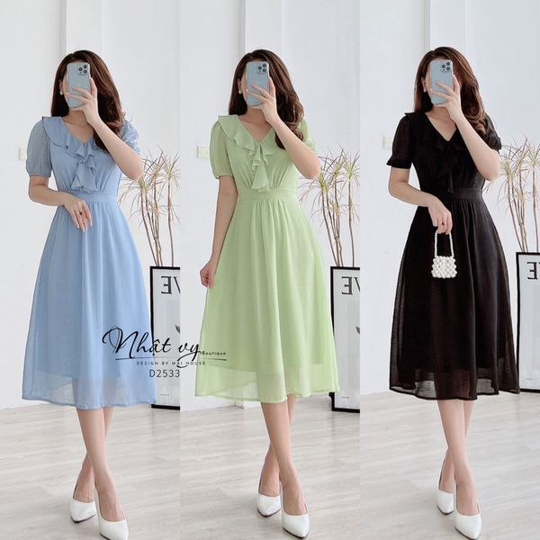  Đầm cổ tim phối bèo form dáng xoè - D2533 