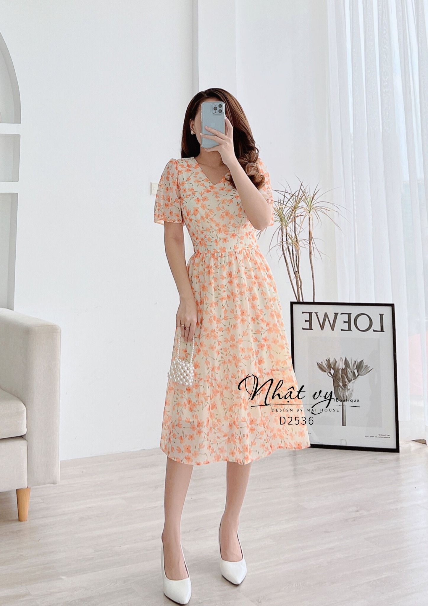  Đầm hoa cổ V đuôi cá - D2536 