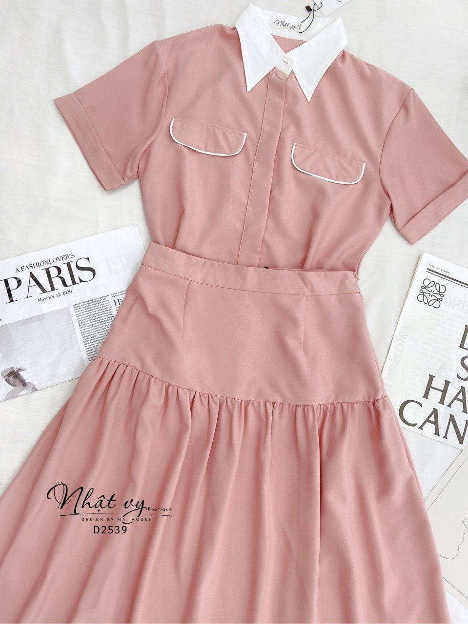  Set áo sơ mi túi giả + chân váy dáng dài - D2539 