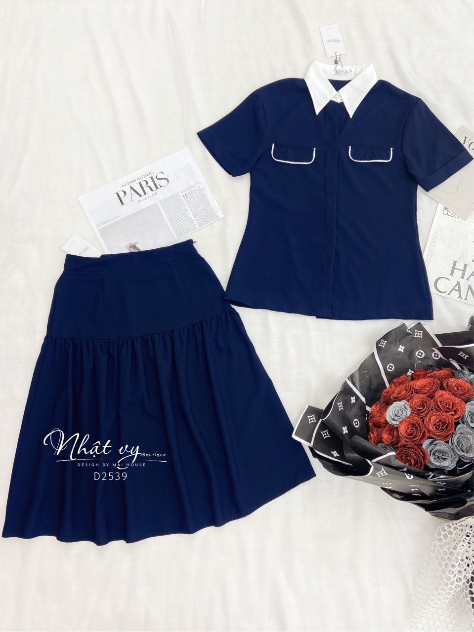  Set áo sơ mi túi giả + chân váy dáng dài - D2539 