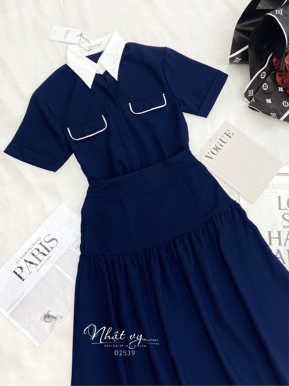  Set áo sơ mi túi giả + chân váy dáng dài - D2539 