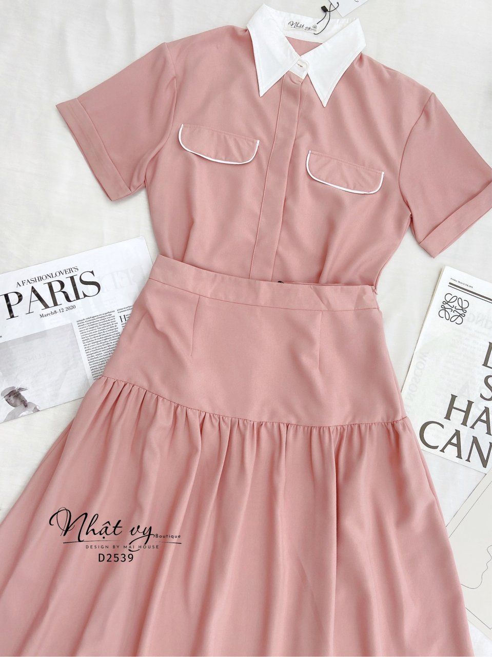  Set áo sơ mi túi giả + chân váy dáng dài - D2539 
