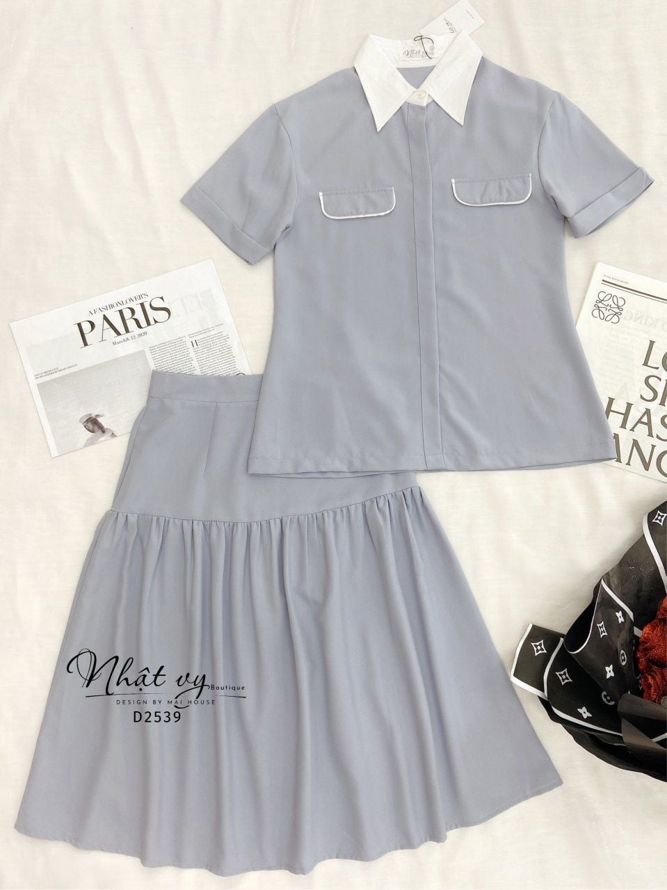  Set áo sơ mi túi giả + chân váy dáng dài - D2539 
