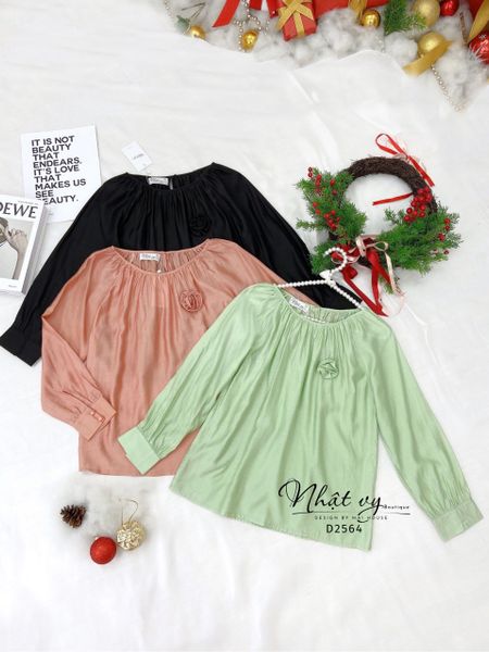  Áo cổ tròn nhún cổ dài tay kèm nơ- D2564 