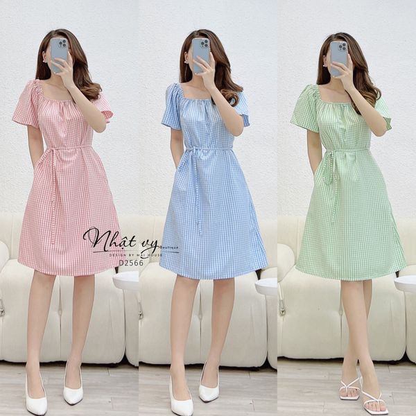  Đầm caro dáng suông cổ vuông viền bo thun - D2566 