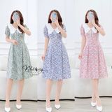  Đầm hoa chiết ly eo cổ phối bèo đính dây nơ - D2567 