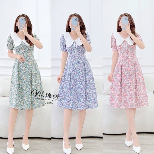  Đầm hoa chiết ly eo cổ phối bèo đính dây nơ - D2567 