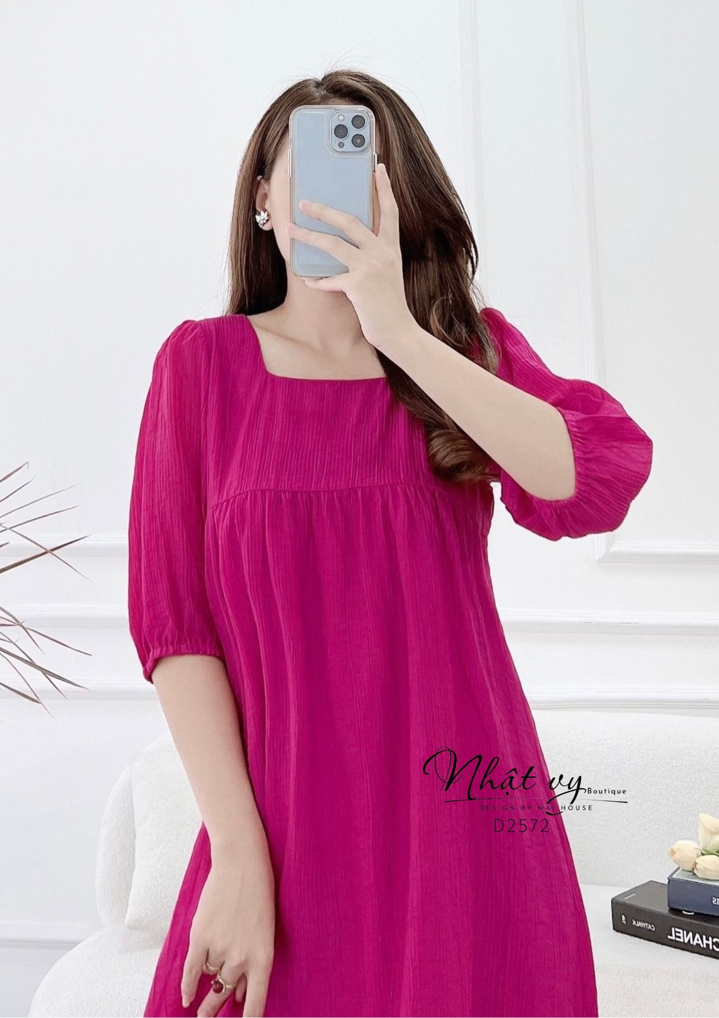  Đầm babydoll cổ vuông tay lửng bo thun - D2572 