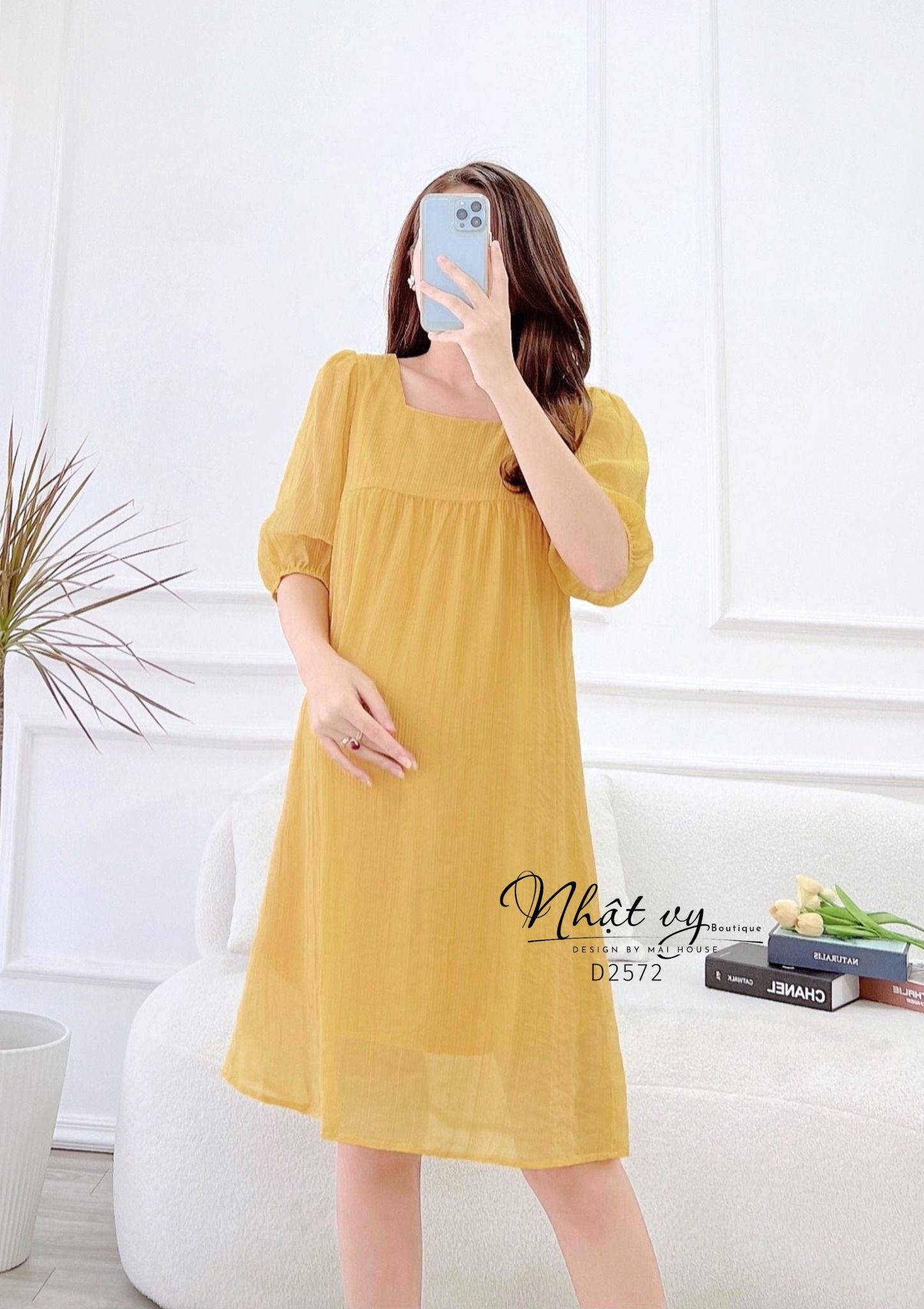  Đầm babydoll cổ vuông tay lửng bo thun - D2572 