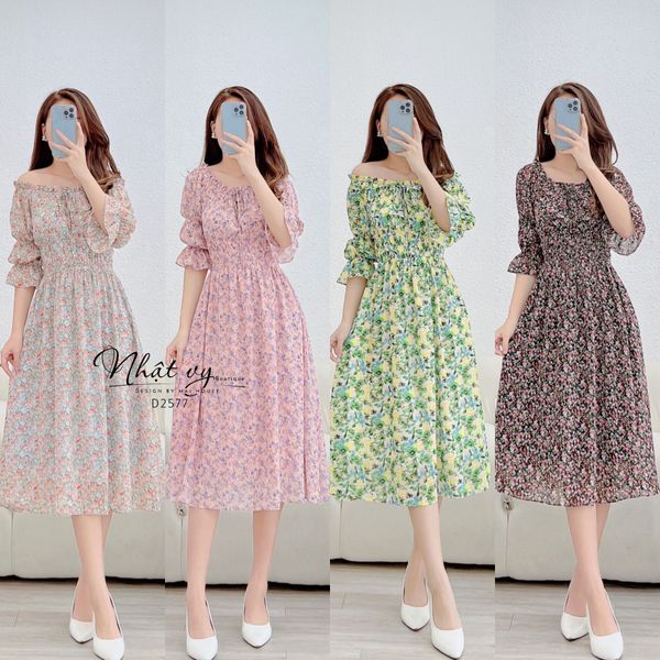  Đầm hoa trễ vai tay lửng nhún ngực bo thun eo - D2577 