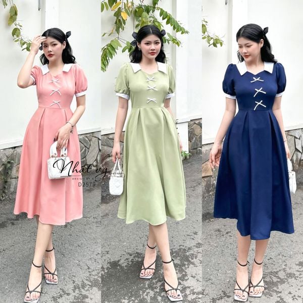  Đầm tiểu thư cổ tim phối bèo đính nơ ngực - D2579 