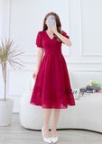  Đầm cổ V tay phồng xếp li kiểu phối đuôi cá - D2580 