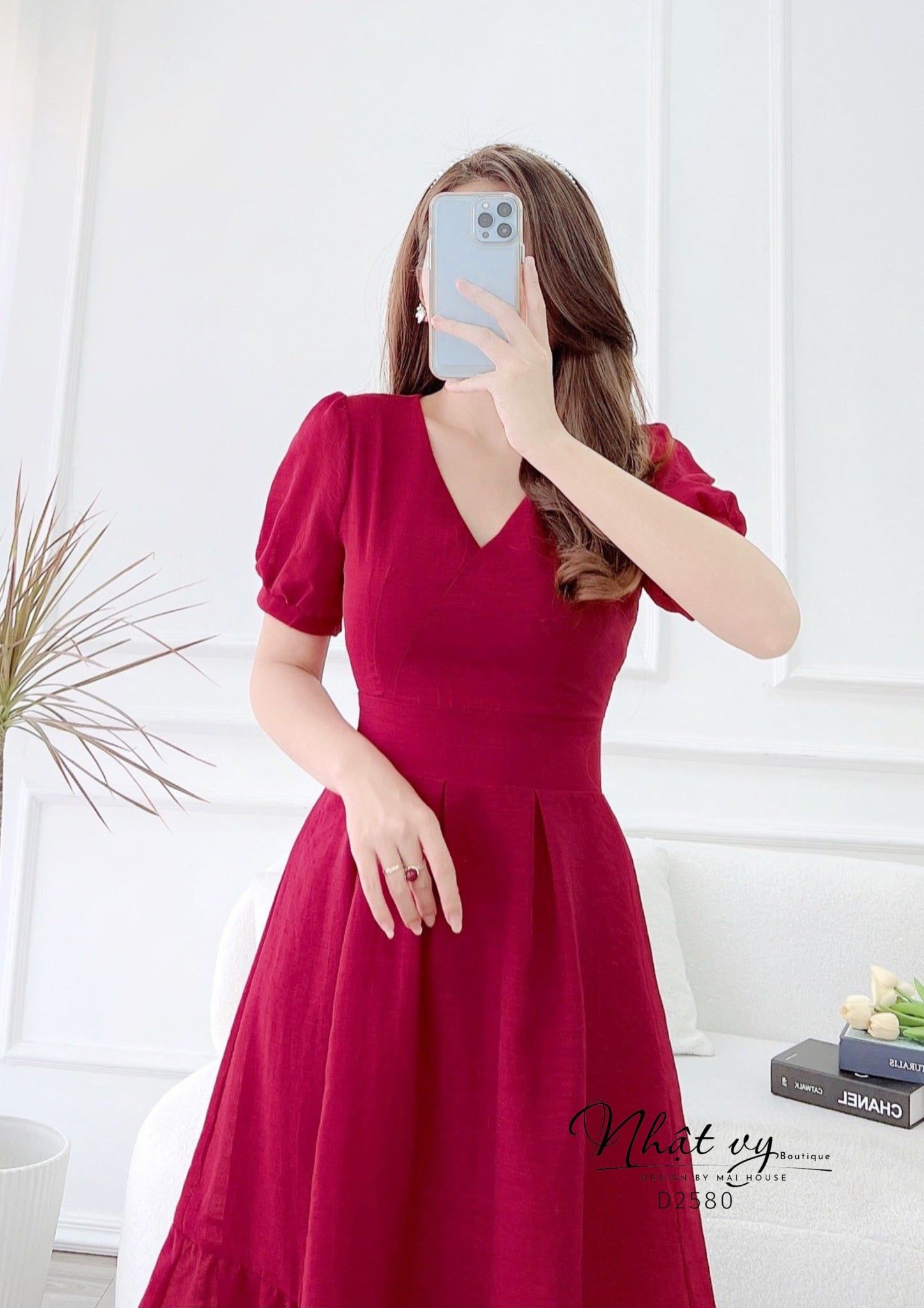  Đầm cổ V tay phồng xếp li kiểu phối đuôi cá - D2580 