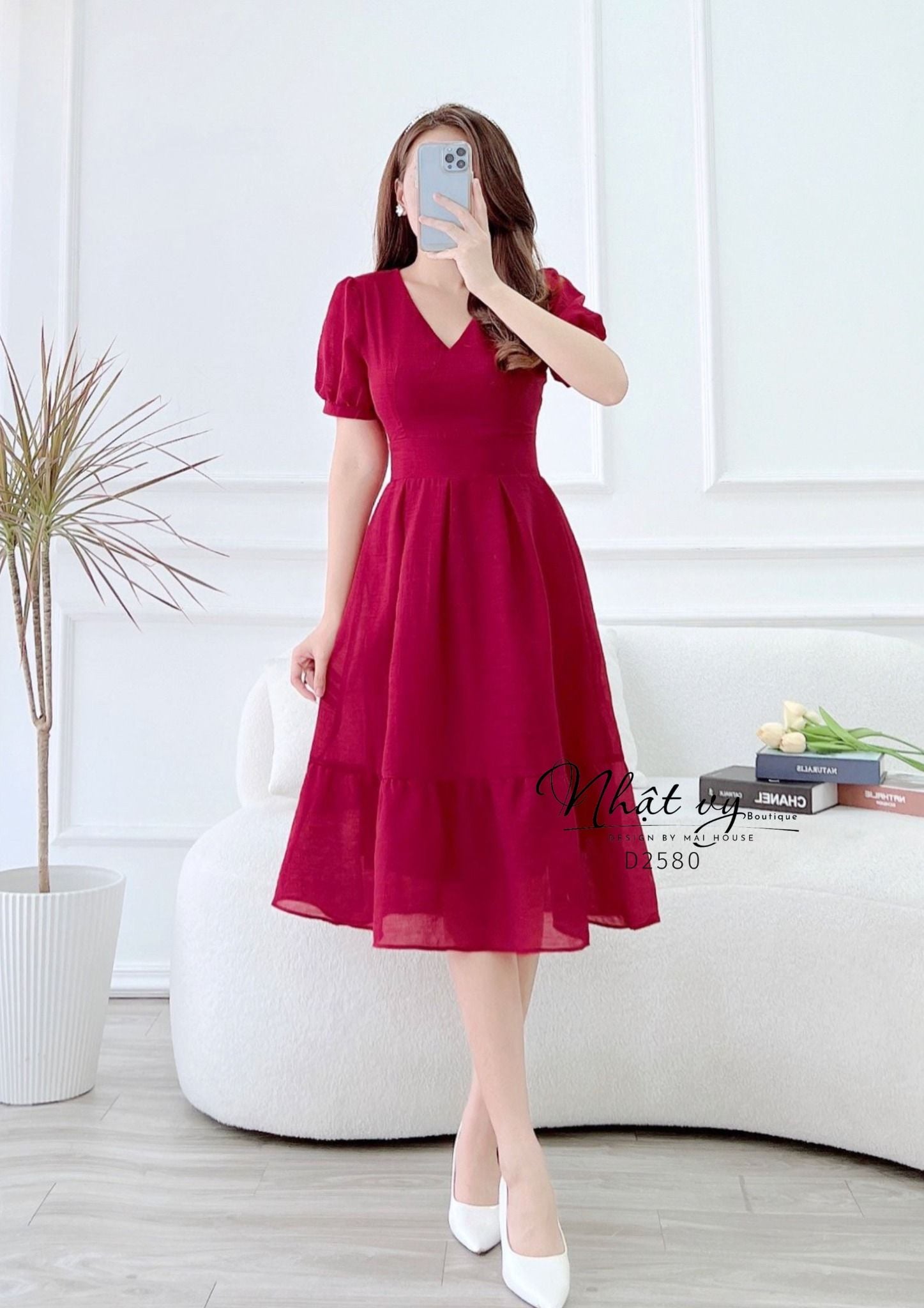  Đầm cổ V tay phồng xếp li kiểu phối đuôi cá - D2580 