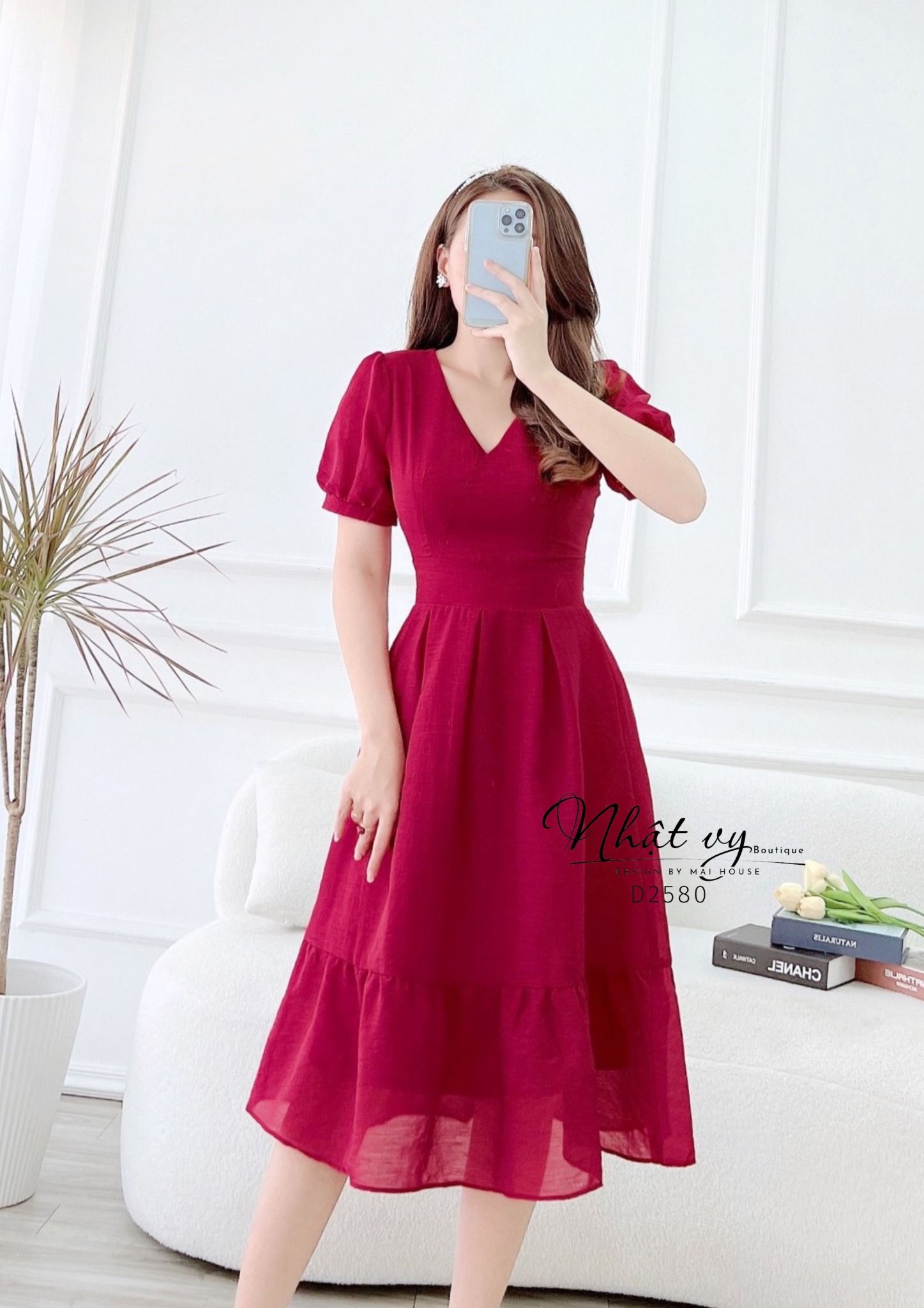  Đầm cổ V tay phồng xếp li kiểu phối đuôi cá - D2580 